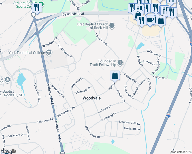 map of restaurants, bars, coffee shops, grocery stores, and more near 557 Woodvale Drive in Rock Hill