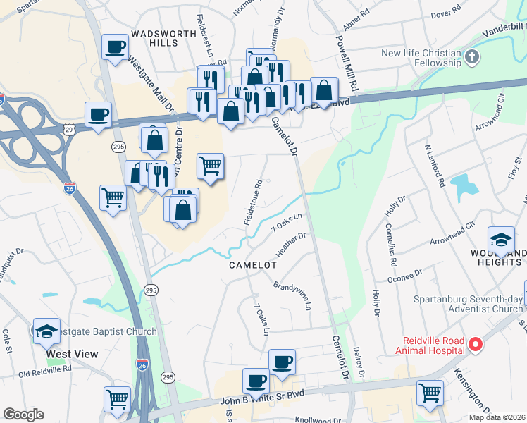 map of restaurants, bars, coffee shops, grocery stores, and more near 104 Wake Robin Circle in Spartanburg