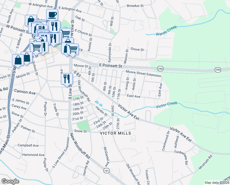 map of restaurants, bars, coffee shops, grocery stores, and more near 3 10th Street in Greer