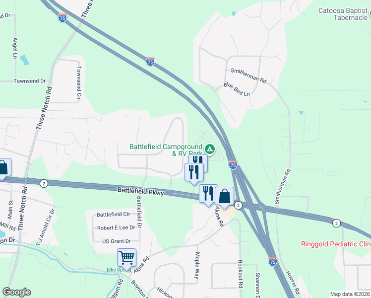 map of restaurants, bars, coffee shops, grocery stores, and more near 985 Woodgate Road in Ringgold