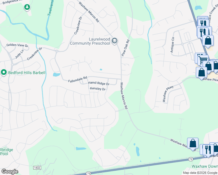 map of restaurants, bars, coffee shops, grocery stores, and more near 2013 Oakmere Road in Waxhaw
