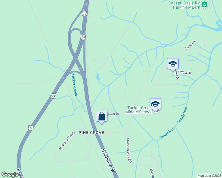 map of restaurants, bars, coffee shops, grocery stores, and more near 122 Tucker Creek Lane in Havelock