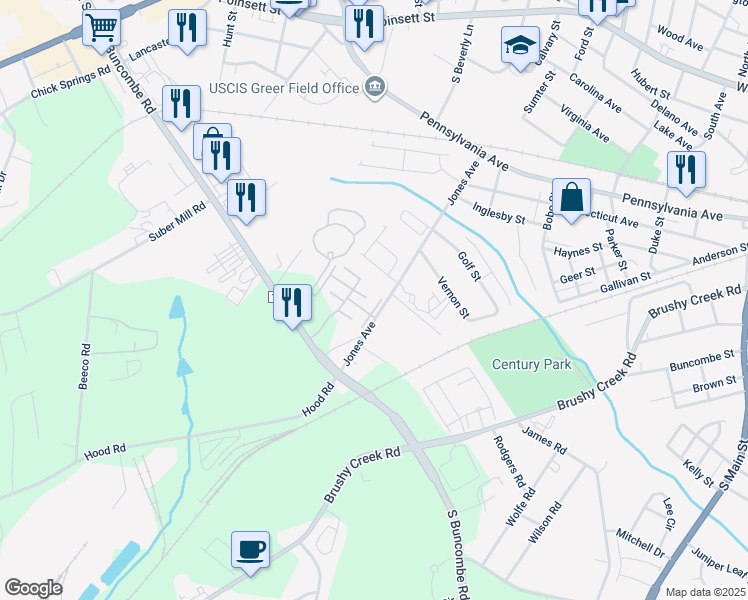 map of restaurants, bars, coffee shops, grocery stores, and more near 423 Jones Avenue in Greer