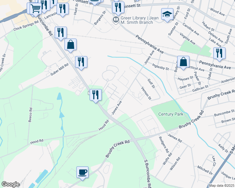 map of restaurants, bars, coffee shops, grocery stores, and more near 1037 Pennypacker Court in Greer