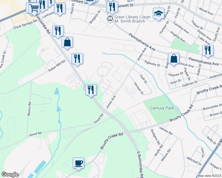 map of restaurants, bars, coffee shops, grocery stores, and more near 1037 Pennypacker Court in Greer