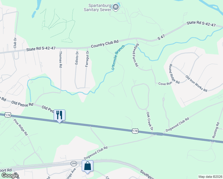 map of restaurants, bars, coffee shops, grocery stores, and more near 1027 4 Mile Branch Road in Spartanburg