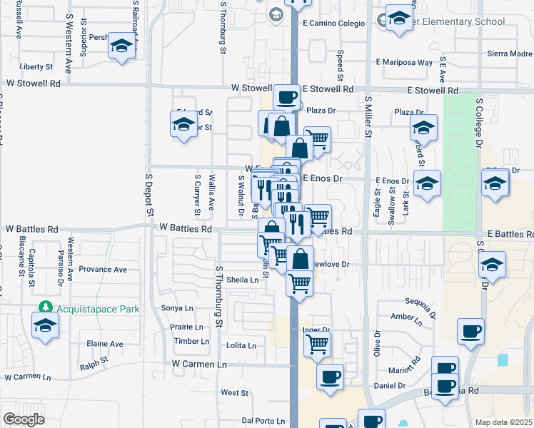 map of restaurants, bars, coffee shops, grocery stores, and more near 1559 Stowell Center Plaza in Santa Maria
