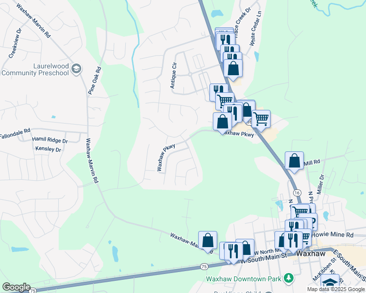 map of restaurants, bars, coffee shops, grocery stores, and more near 2043 Dunsmore Lane in Waxhaw