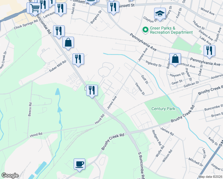 map of restaurants, bars, coffee shops, grocery stores, and more near 1037 Pennypacker Court in Greer