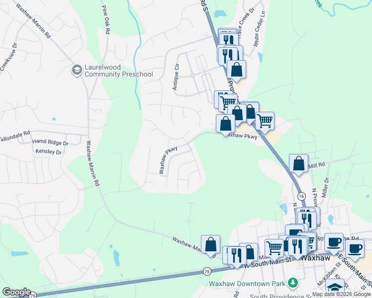 map of restaurants, bars, coffee shops, grocery stores, and more near 2020 Harrison Park Drive in Waxhaw