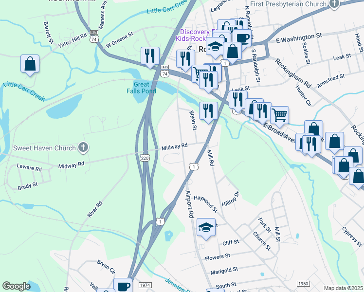 map of restaurants, bars, coffee shops, grocery stores, and more near 428 South Caroline Street in Rockingham