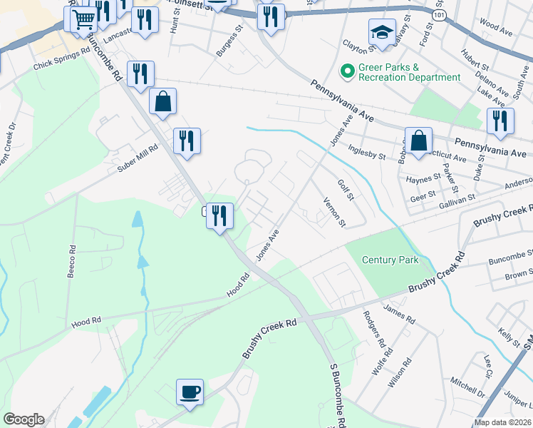 map of restaurants, bars, coffee shops, grocery stores, and more near 1037 Pennypacker Court in Greer