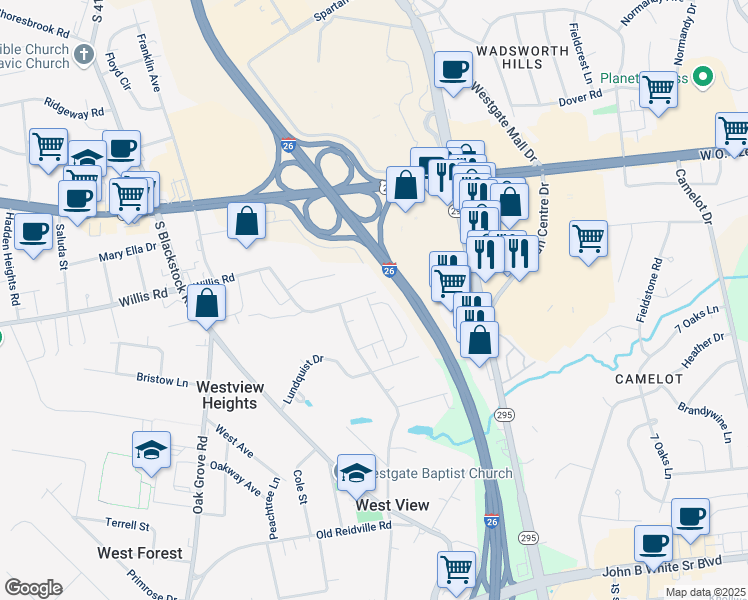 map of restaurants, bars, coffee shops, grocery stores, and more near 473 Triple Crown Way in Spartanburg
