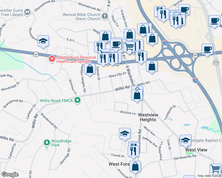 map of restaurants, bars, coffee shops, grocery stores, and more near 116 Keloy Street in Spartanburg