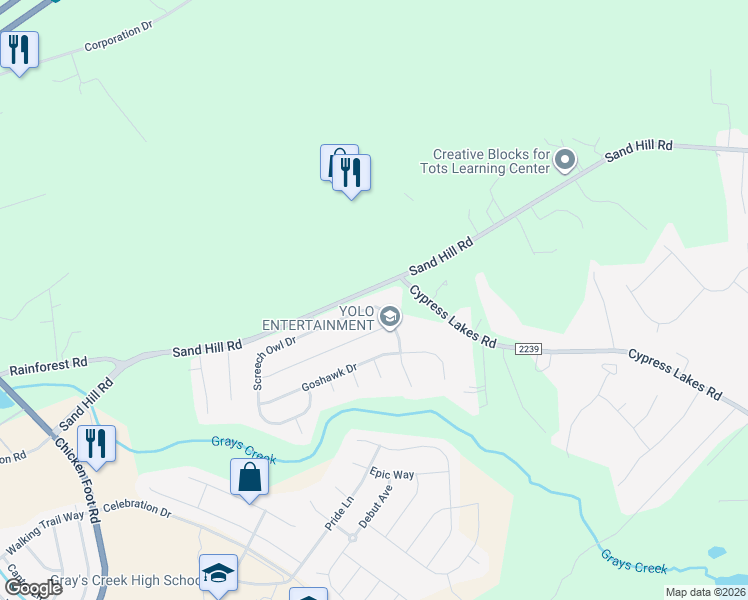 map of restaurants, bars, coffee shops, grocery stores, and more near 1030 Screech Owl Drive in Hope Mills