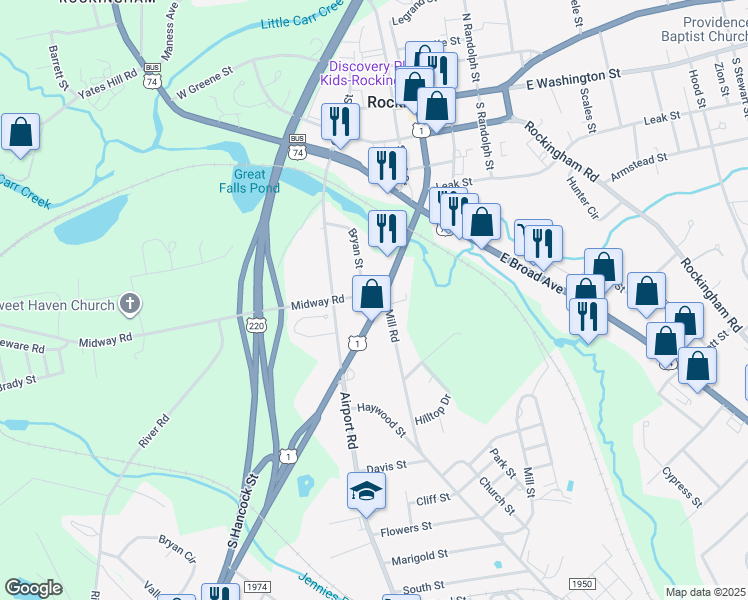 map of restaurants, bars, coffee shops, grocery stores, and more near 518-540 South Hancock Street in Rockingham