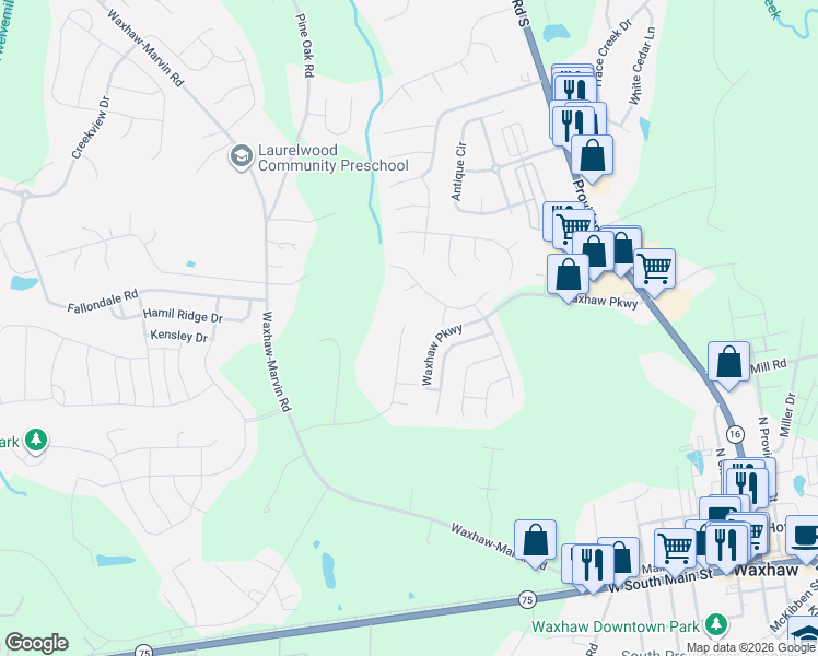 map of restaurants, bars, coffee shops, grocery stores, and more near 4005 Eutaw Drive in Waxhaw