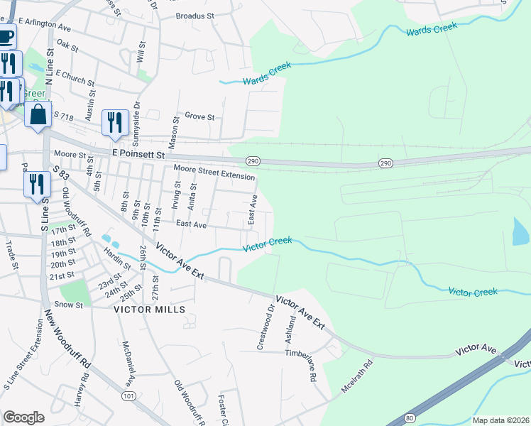 map of restaurants, bars, coffee shops, grocery stores, and more near 205 Amandajo Street in Greer