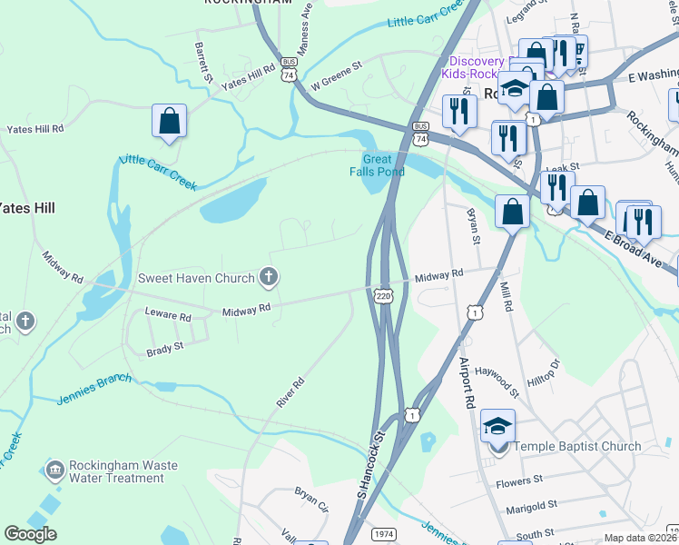 map of restaurants, bars, coffee shops, grocery stores, and more near 190 Midway Road in Rockingham