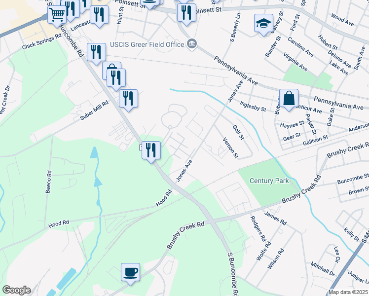 map of restaurants, bars, coffee shops, grocery stores, and more near 1037 Pennypacker Court in Greer