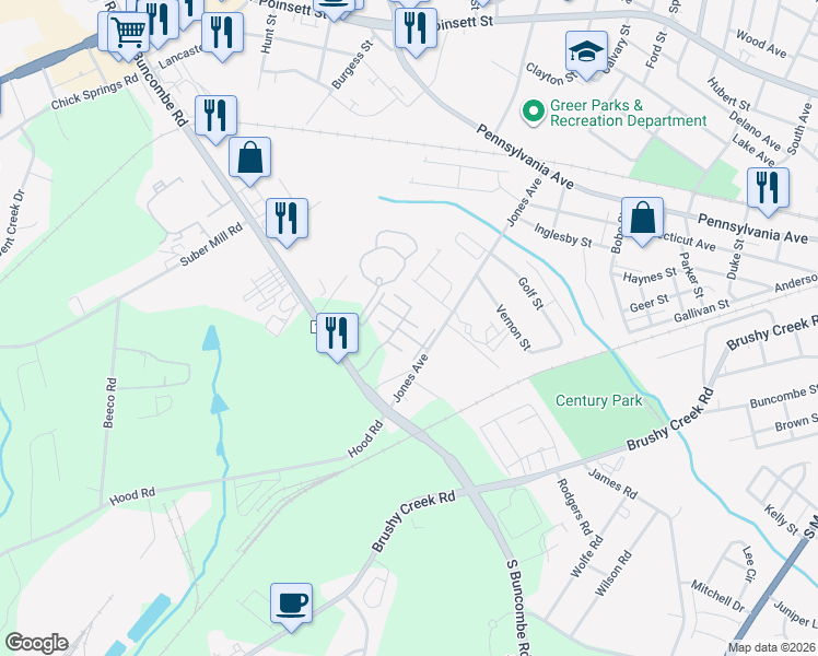 map of restaurants, bars, coffee shops, grocery stores, and more near 1037 Pennypacker Court in Greer