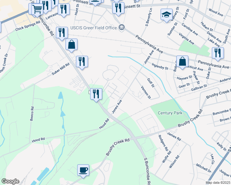 map of restaurants, bars, coffee shops, grocery stores, and more near 1037 Pennypacker Court in Greer