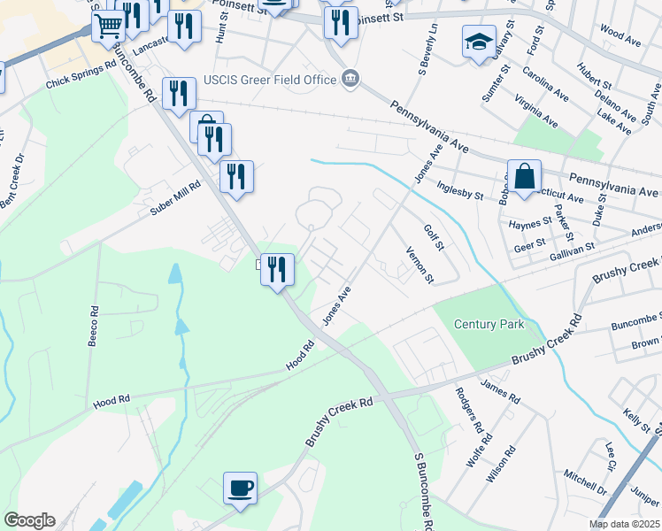 map of restaurants, bars, coffee shops, grocery stores, and more near 1037 Pennypacker Court in Greer