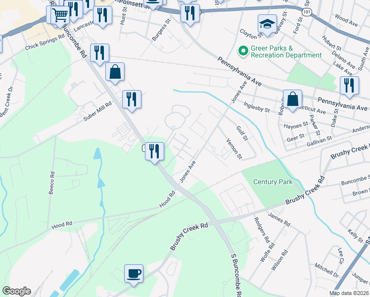 map of restaurants, bars, coffee shops, grocery stores, and more near 1037 Pennypacker Court in Greer