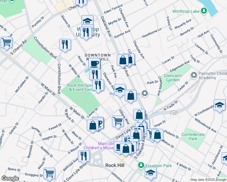 map of restaurants, bars, coffee shops, grocery stores, and more near 305 Ebenezer Avenue in Rock Hill