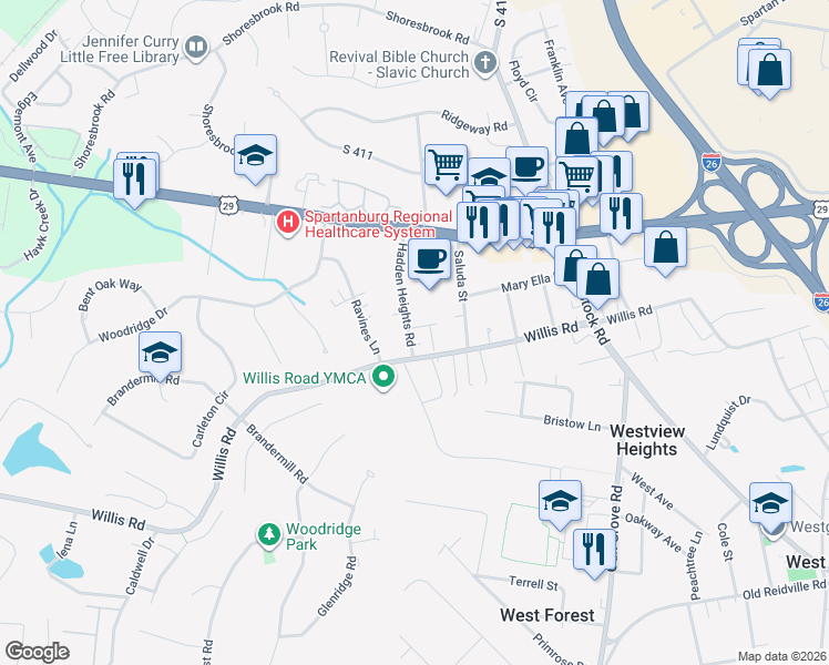 map of restaurants, bars, coffee shops, grocery stores, and more near 107 Hadden Heights Road in Spartanburg