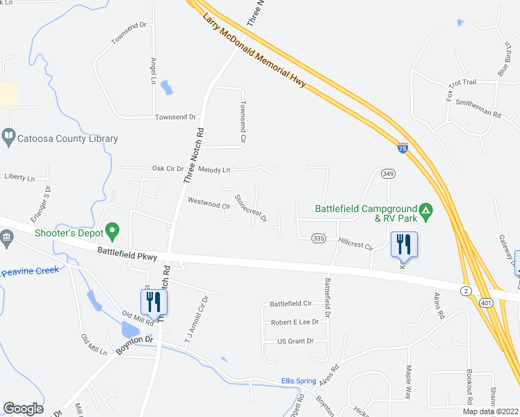 map of restaurants, bars, coffee shops, grocery stores, and more near 89 Ridgewood Trail in Ringgold