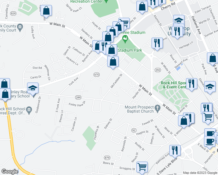 map of restaurants, bars, coffee shops, grocery stores, and more near 174 McFadden Street in Rock Hill