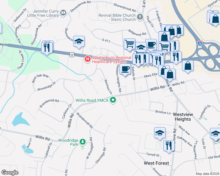 map of restaurants, bars, coffee shops, grocery stores, and more near 176 Ravines Lane in Spartanburg