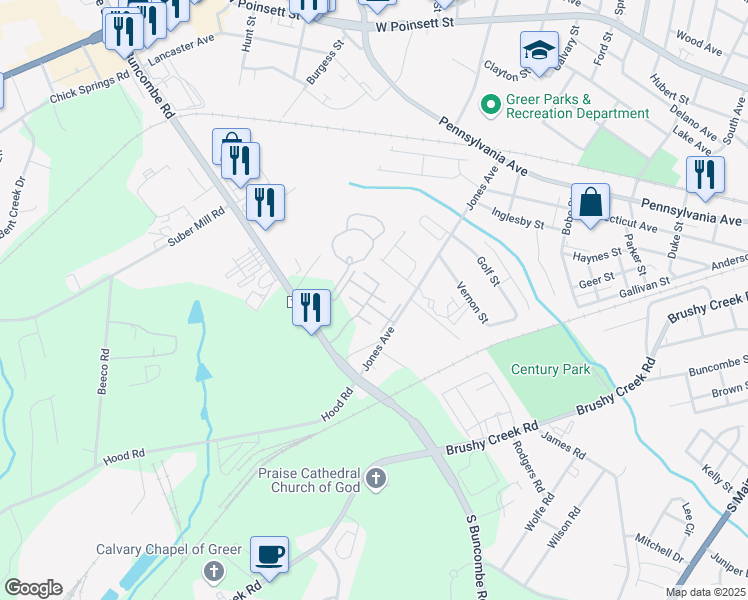 map of restaurants, bars, coffee shops, grocery stores, and more near 1037 Pennypacker Court in Greer