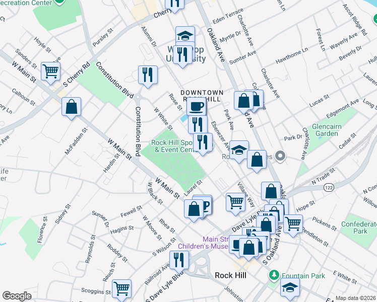 map of restaurants, bars, coffee shops, grocery stores, and more near 498 West White Street in Rock Hill