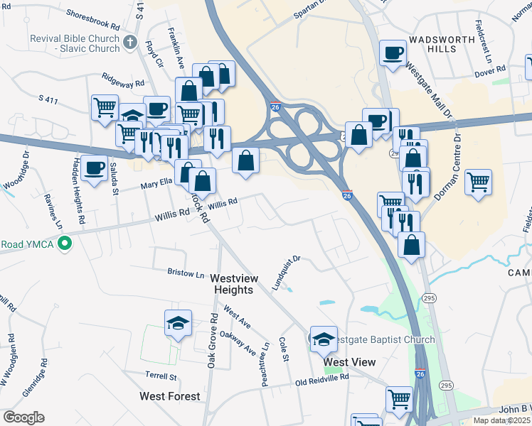 map of restaurants, bars, coffee shops, grocery stores, and more near 577 Willis Trace Road in Spartanburg