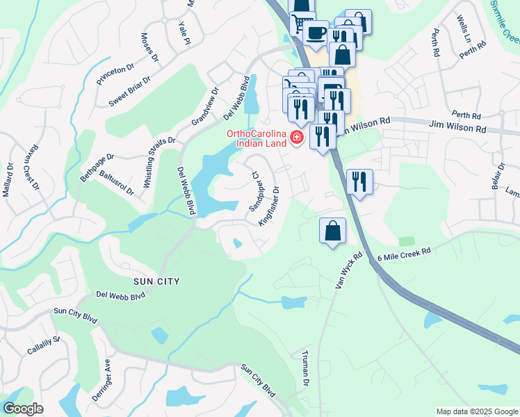 map of restaurants, bars, coffee shops, grocery stores, and more near 23079 Kingfisher Drive in Fort Mill