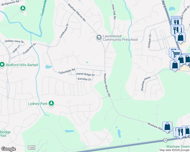 map of restaurants, bars, coffee shops, grocery stores, and more near 2019 Oakmere Road in Waxhaw