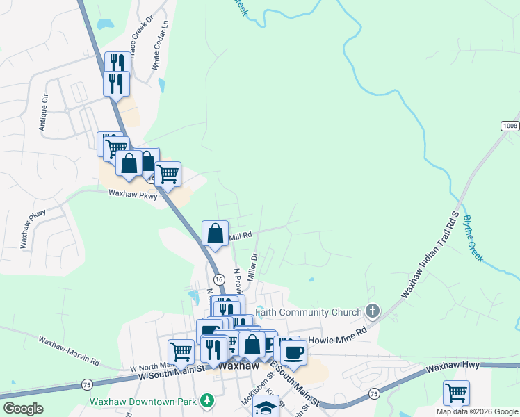 map of restaurants, bars, coffee shops, grocery stores, and more near 217 Blythe Mill Road in Waxhaw