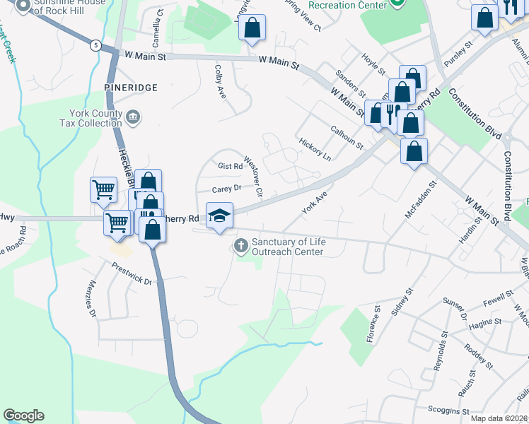 map of restaurants, bars, coffee shops, grocery stores, and more near 1032 Finley Road in Rock Hill