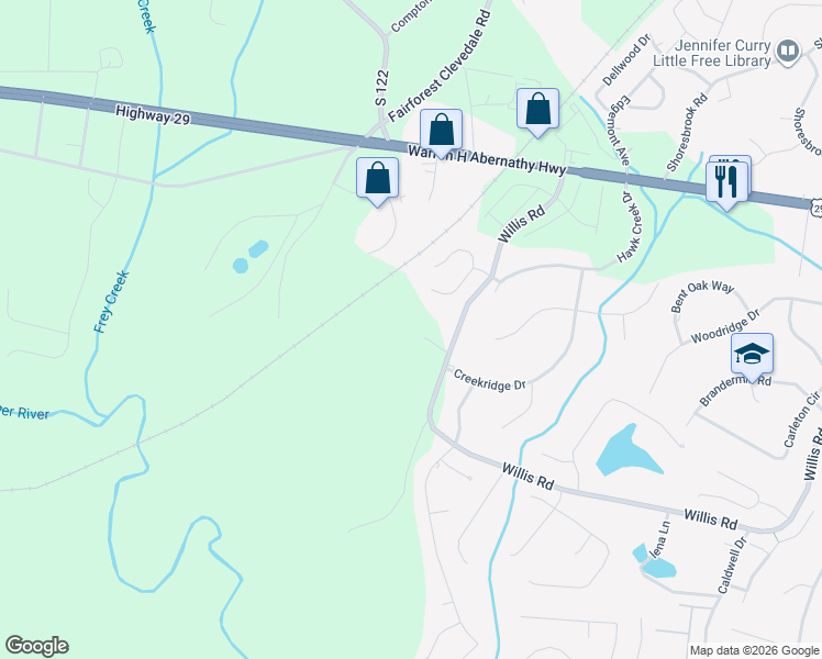 map of restaurants, bars, coffee shops, grocery stores, and more near 1035 Willis Road in Spartanburg