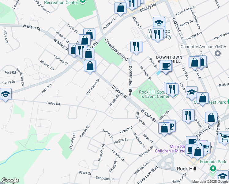 map of restaurants, bars, coffee shops, grocery stores, and more near 309 Blue Ash Court in Rock Hill