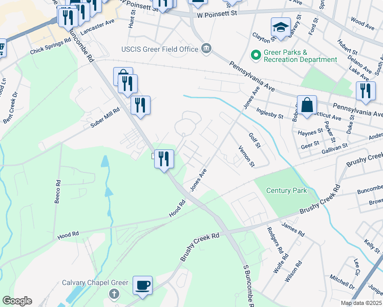 map of restaurants, bars, coffee shops, grocery stores, and more near 1037 Pennypacker Court in Greer