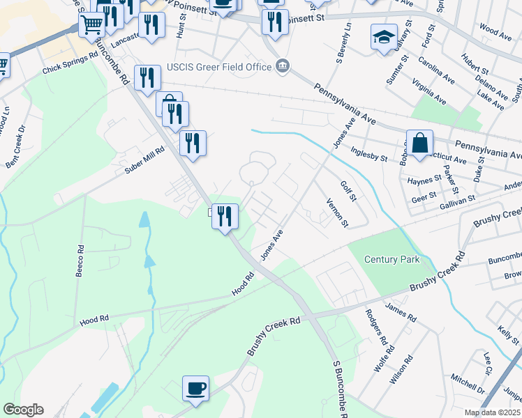 map of restaurants, bars, coffee shops, grocery stores, and more near 1037 Pennypacker Court in Greer