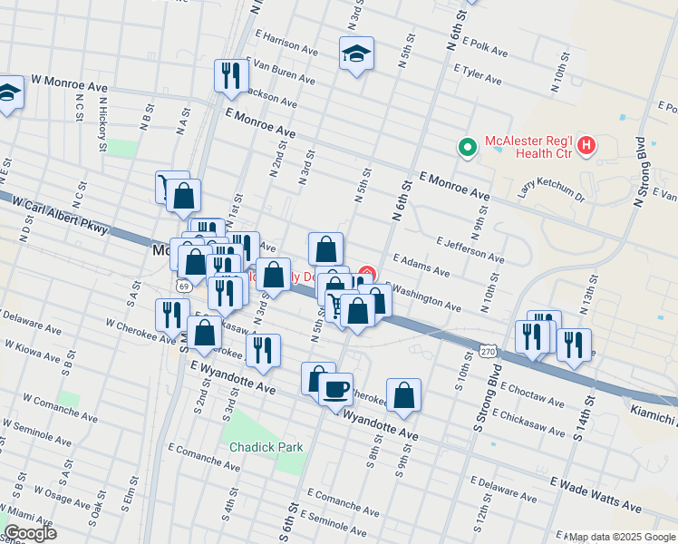 map of restaurants, bars, coffee shops, grocery stores, and more near in McAlester