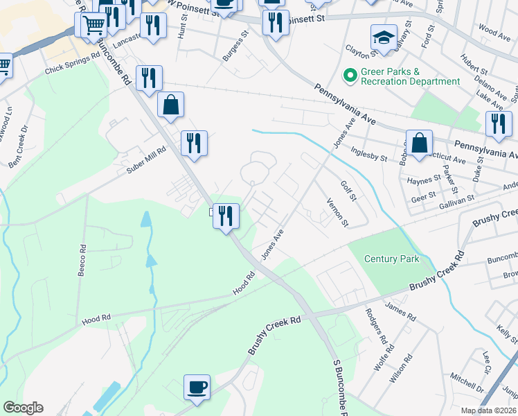 map of restaurants, bars, coffee shops, grocery stores, and more near 1037 Pennypacker Court in Greer
