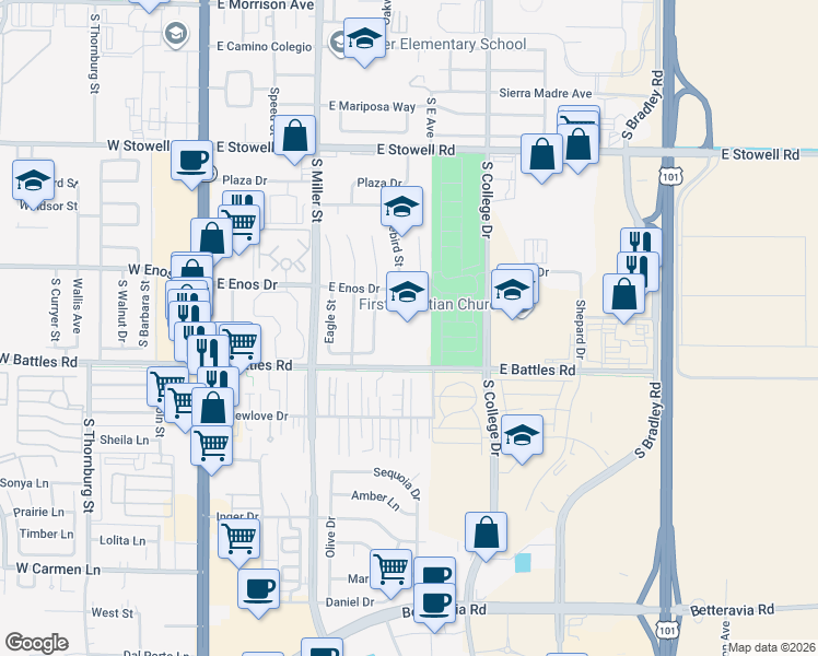 map of restaurants, bars, coffee shops, grocery stores, and more near 605 East Battles Road in Santa Maria