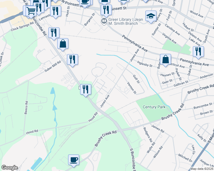 map of restaurants, bars, coffee shops, grocery stores, and more near 1037 Pennypacker Court in Greer