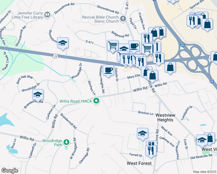 map of restaurants, bars, coffee shops, grocery stores, and more near 114 Saluda Street in Spartanburg