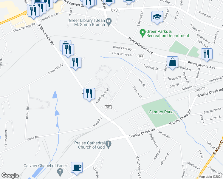 map of restaurants, bars, coffee shops, grocery stores, and more near 1037 Pennypacker Court in Greer